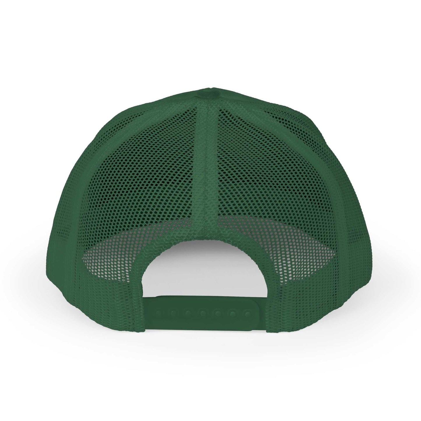 Back view of green Planet Smile Trucker Cap with breathable mesh and adjustable snapback closure