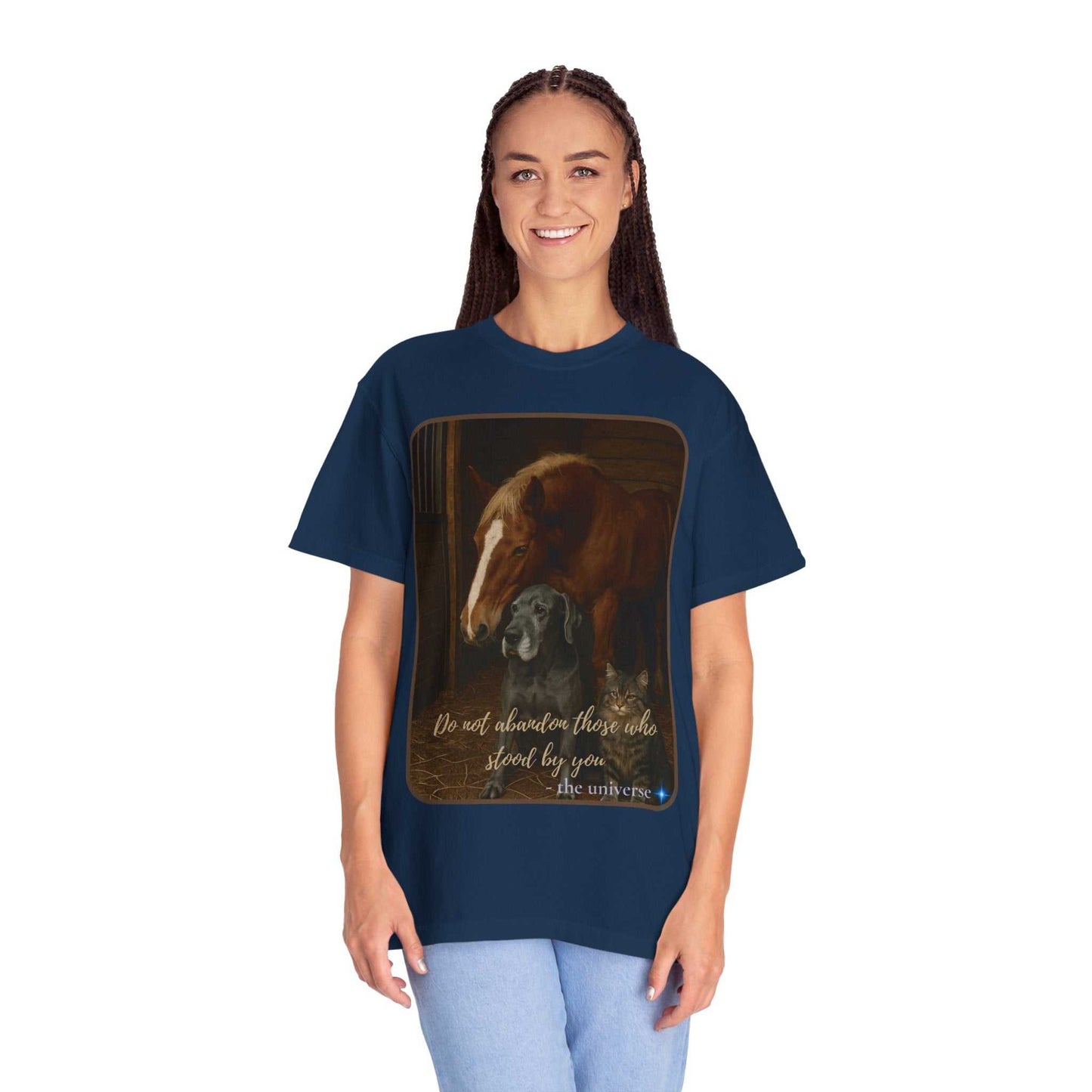 Woman wearing navy Comfort Colors 1717 Animal Rescue T-Shirt with horse and dog graphic and "Do not abandon those who stood by you" text