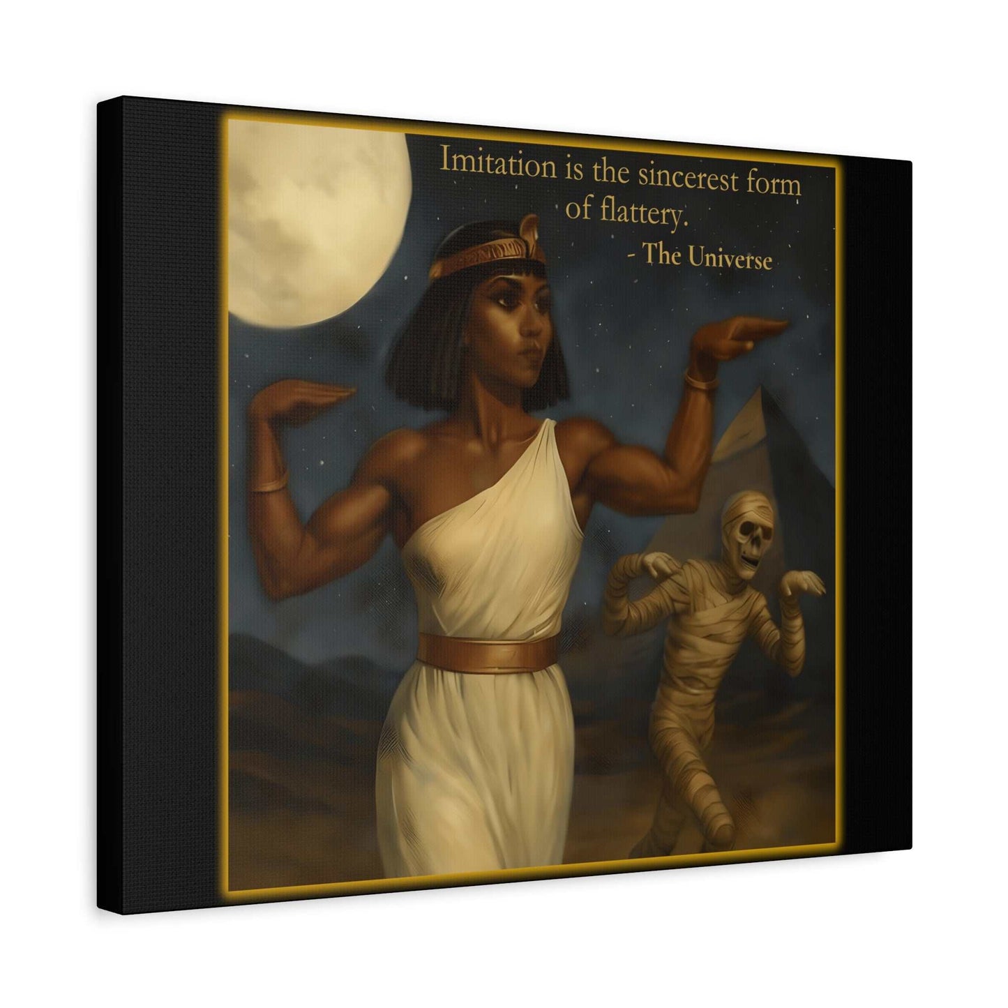 Egyptian queen in white dress with mummy, full moon, and pyramid at night, art wall decor