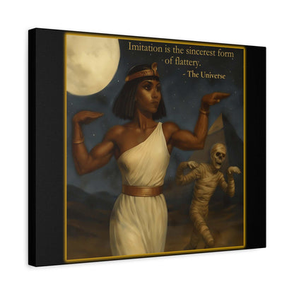 Egyptian queen in white dress with mummy, full moon, and pyramid at night, art wall decor