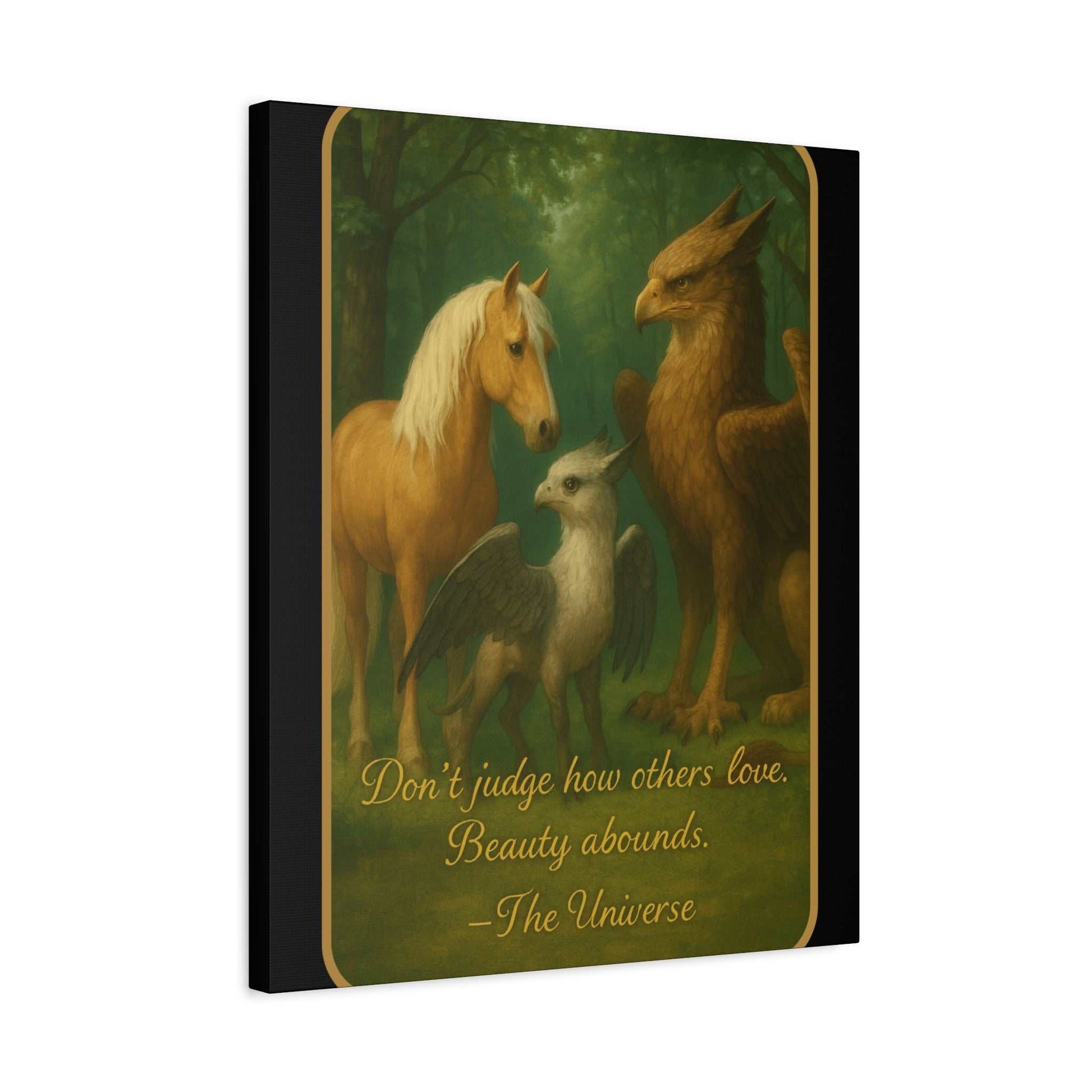 Youniverses art print with horse, two griffins in forest, inspirational quote about love