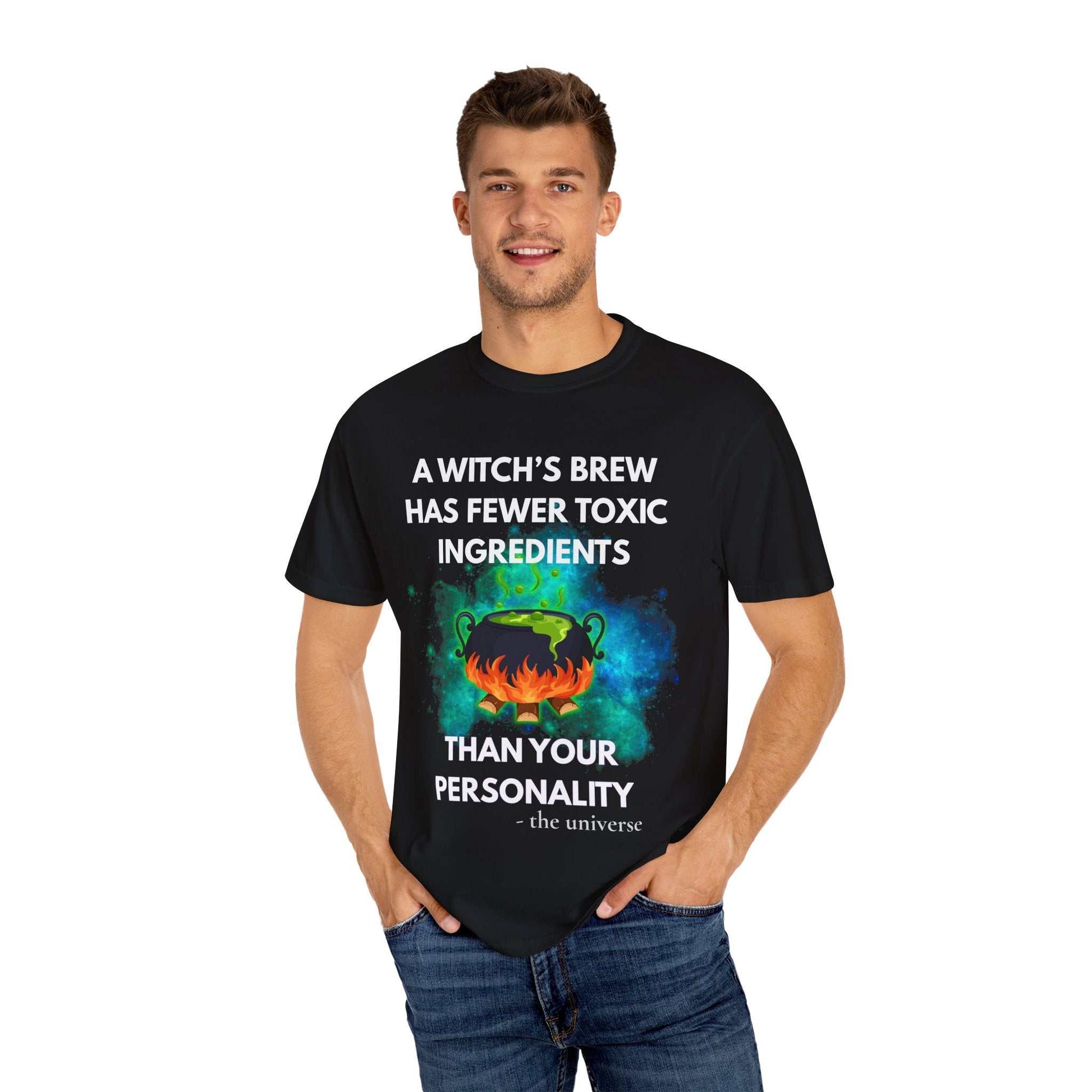 Black t-shirt with a witch's cauldron design and text.
