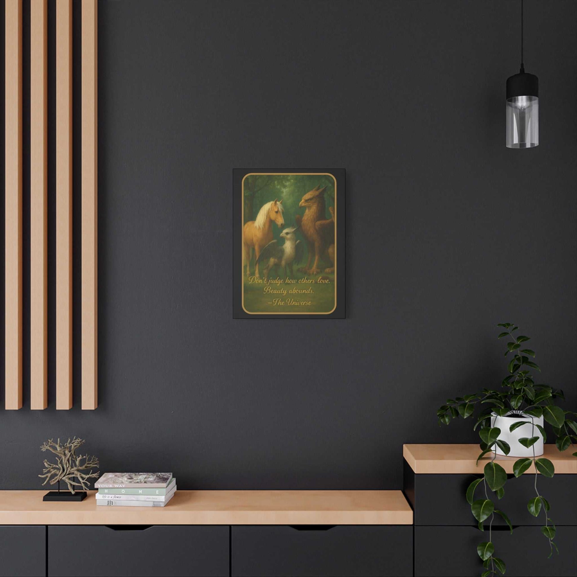 Wall art featuring unicorns in a modern living room, with decor and indoor plant.