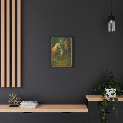 Wall art featuring unicorns in a modern living room, with decor and indoor plant.