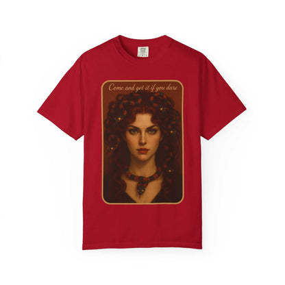Red Comfort Colors® Medusa Graphic T-Shirt featuring "Come and Get It" design with Medusa portrait on 100% ring-spun cotton