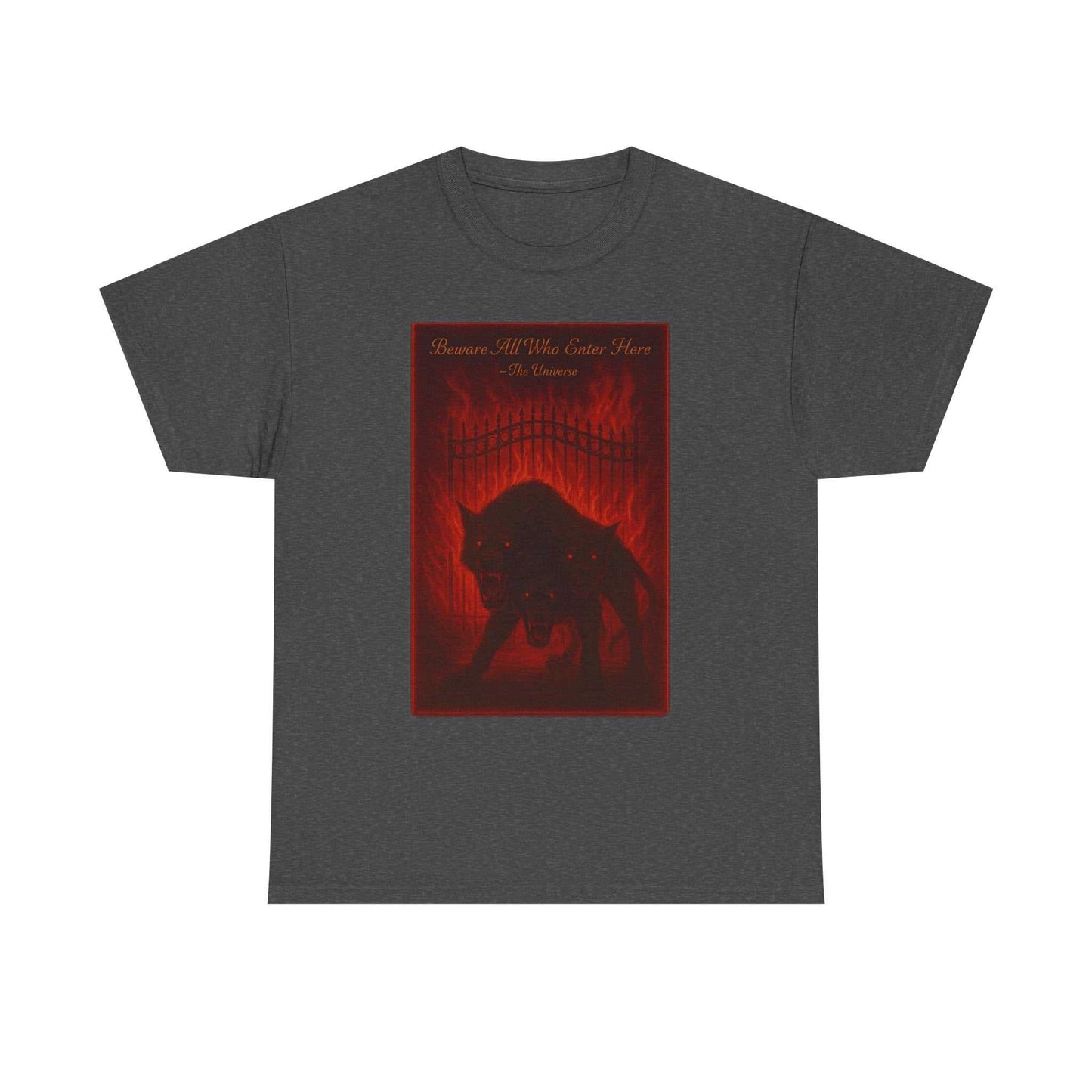 Cerberus Guard unisex heavy cotton t-shirt with dark mythical three-headed dog design