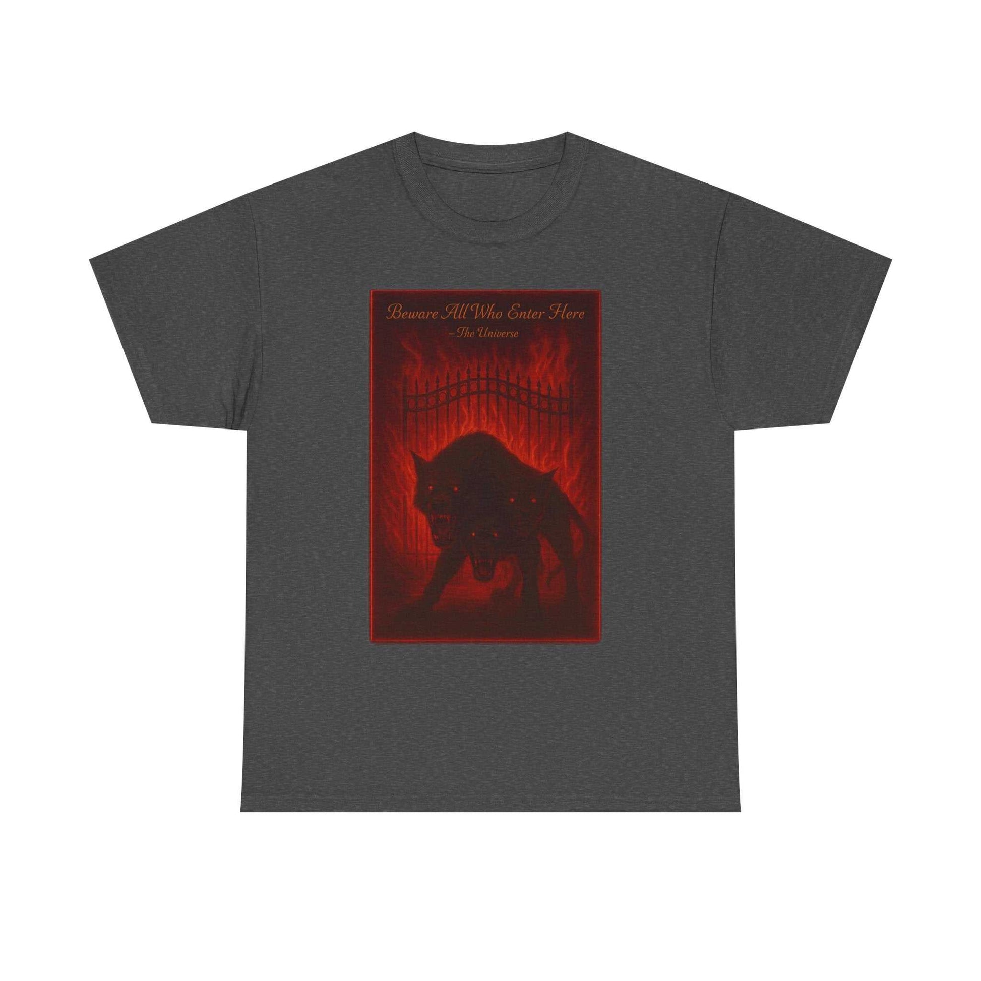 Cerberus Guard unisex heavy cotton t-shirt with dark mythical three-headed dog design