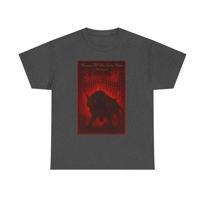 Cerberus Guard unisex heavy cotton t-shirt with dark mythical three-headed dog design