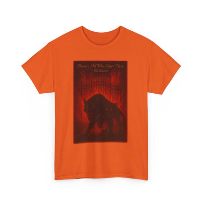 Cerberus Guard unisex heavy cotton t-shirt with dark mythical three-headed hound design on orange tee