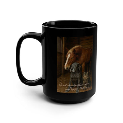 Black coffee mug with horse, dog, and cat illustration and loyalty quote, Youniverses gift