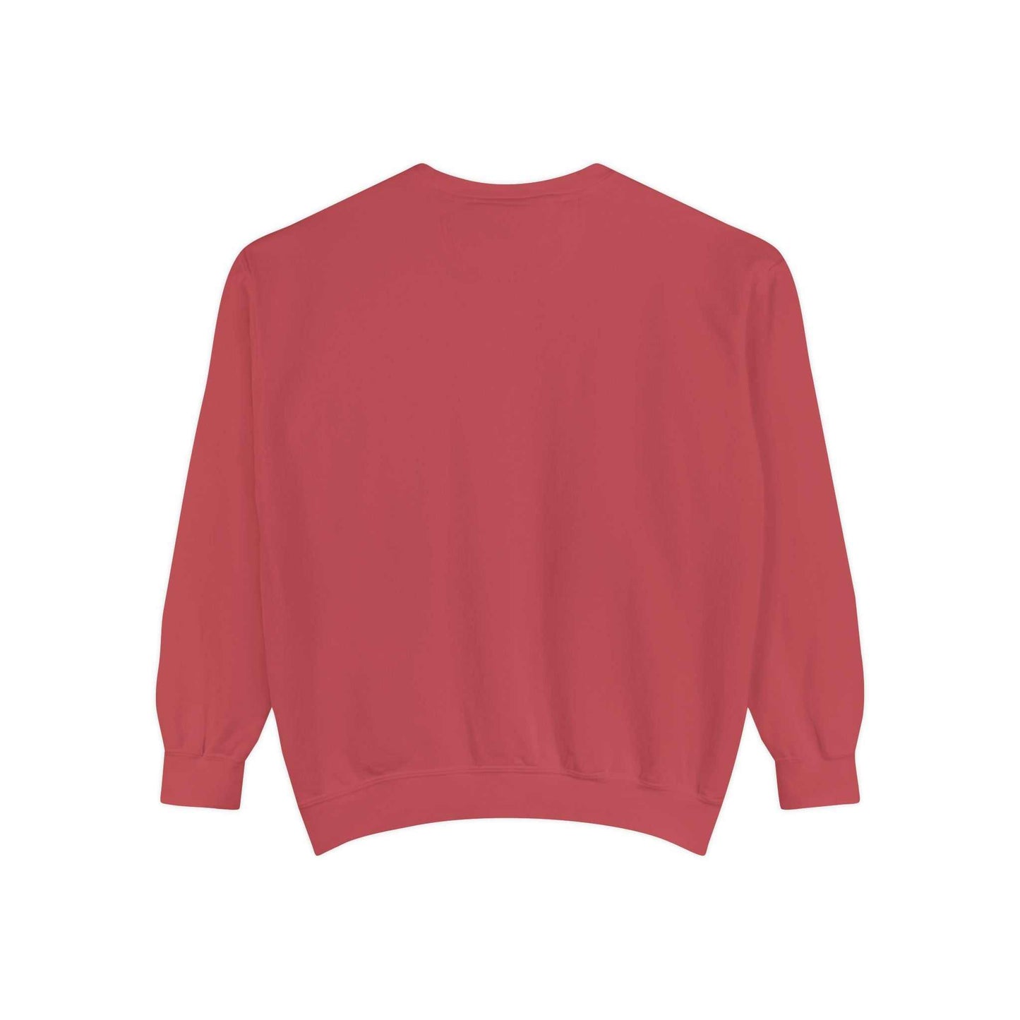 Red crewneck sweatshirt with long sleeves.