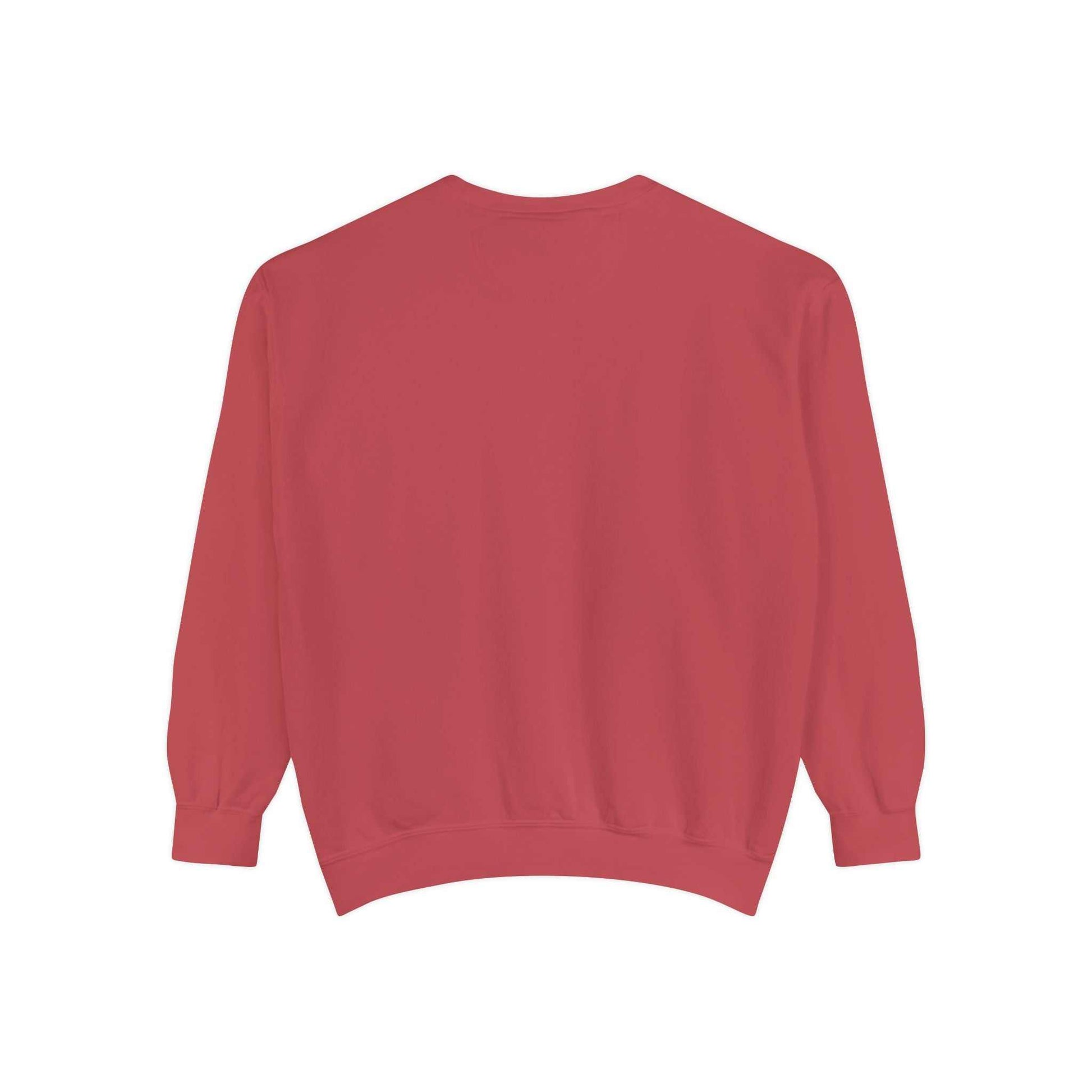 Red crewneck sweatshirt with long sleeves.