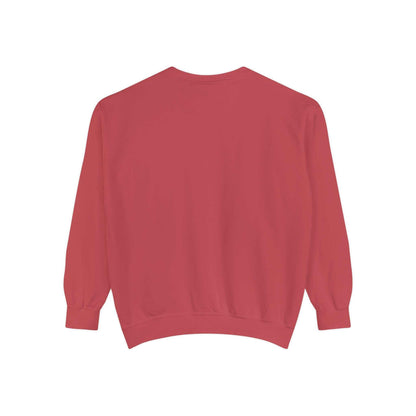 Red crewneck sweatshirt with long sleeves.