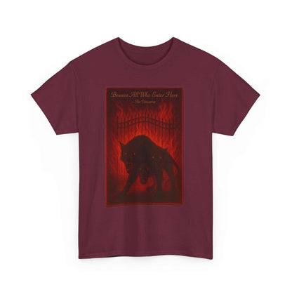 Cerberus Guard unisex heavy cotton t-shirt with dark mythic three-headed dog design on maroon fabric