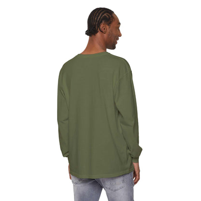 Man wearing olive green Comfort Colors® long sleeve tee ready for battle graphic on back view