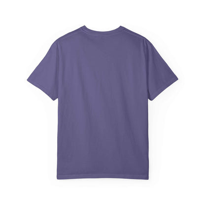 Back view of a purple Comfort Colors® Motivational Stairway T-Shirt made of garment-dyed cotton with a relaxed fit.