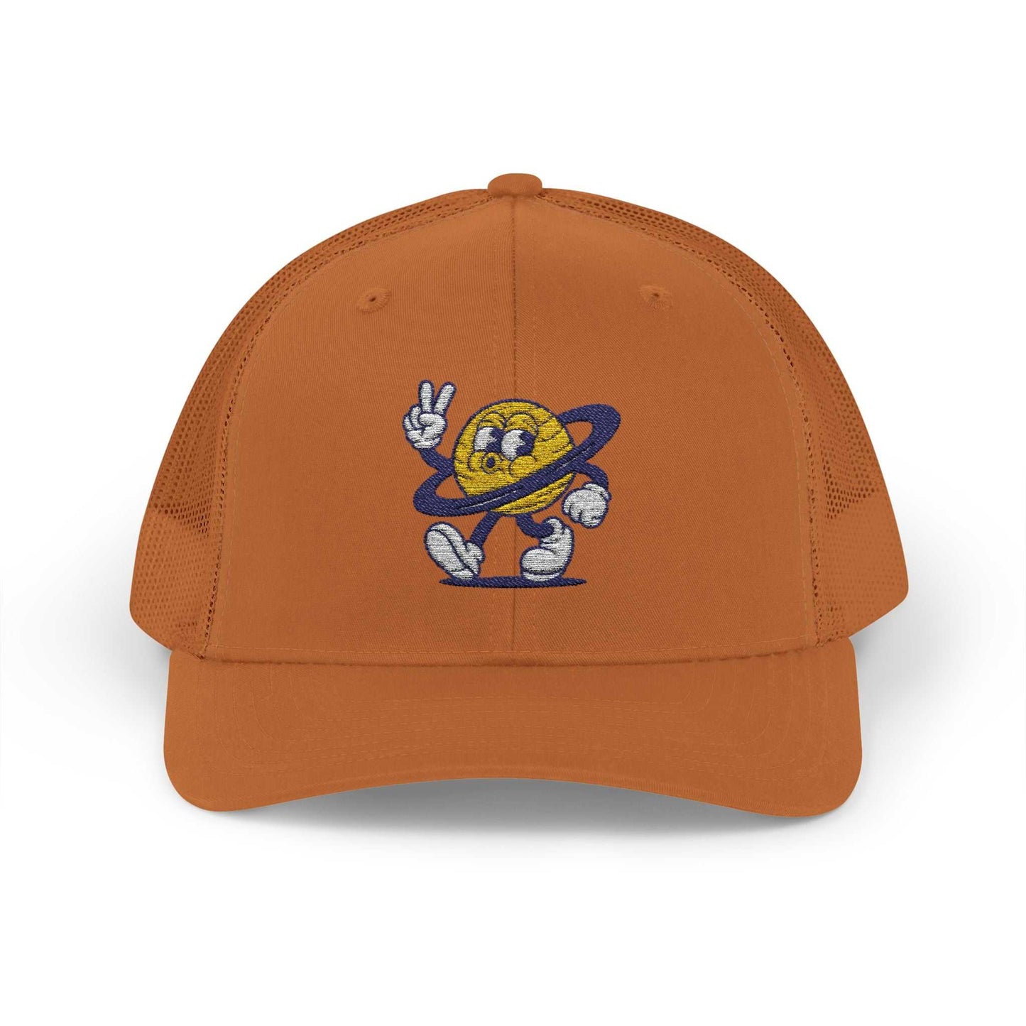 Orange Planet Smile trucker cap with retro cartoon space patch and breathable mesh back