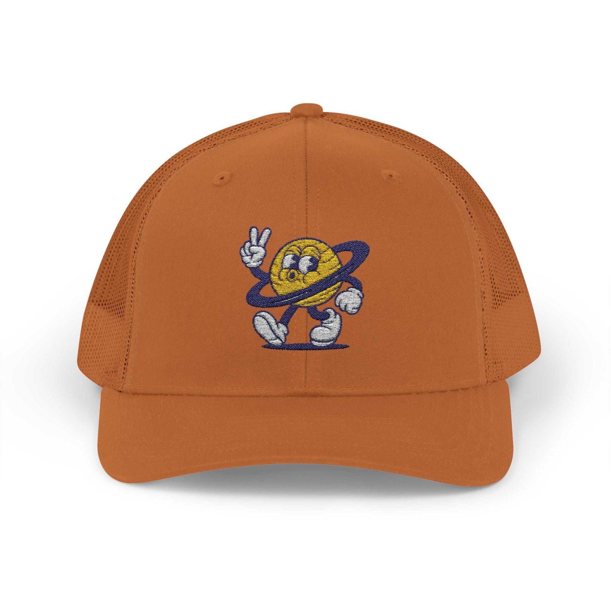 Orange Planet Smile trucker cap with retro cartoon space patch and breathable mesh back