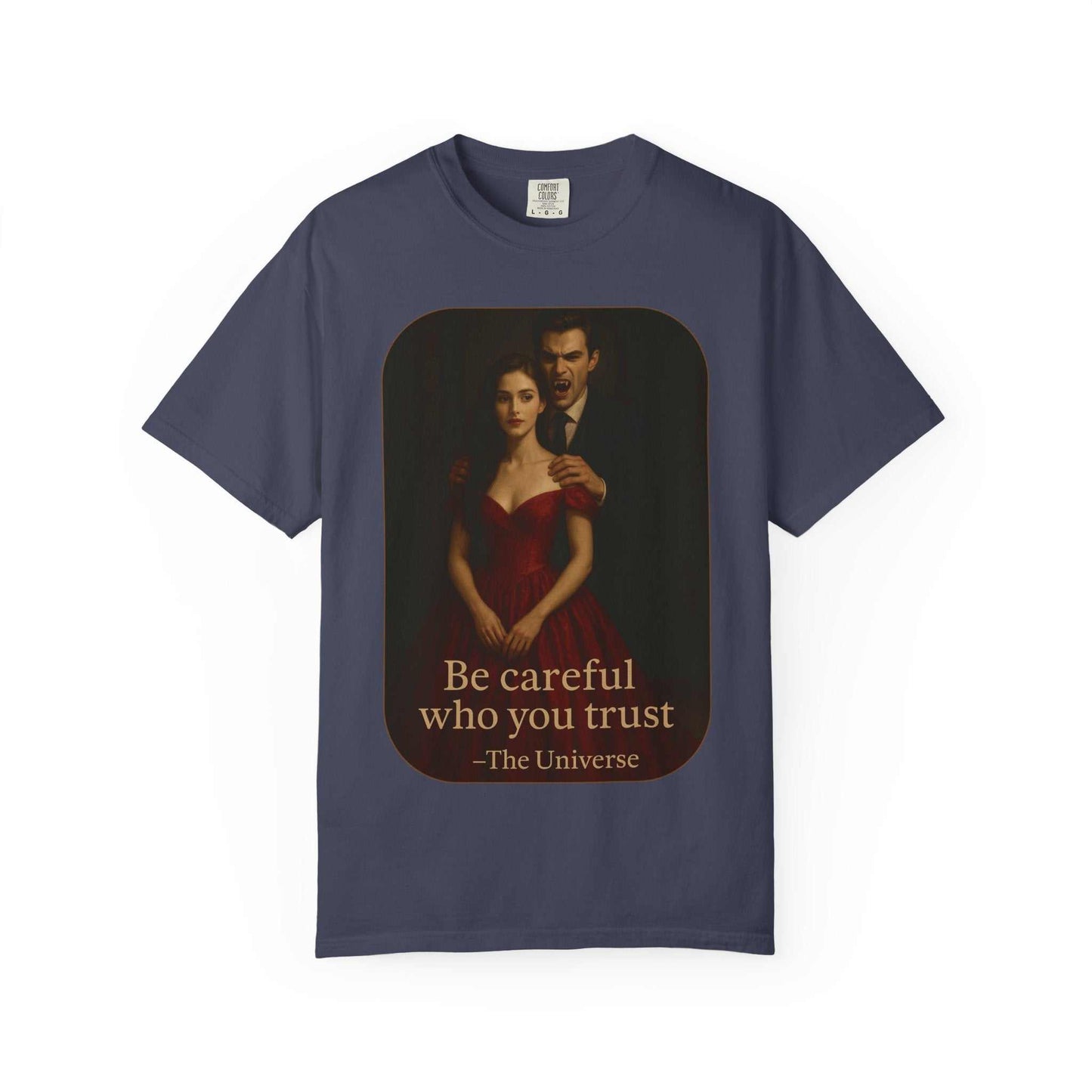 Unisex vampire graphic t-shirt with gothic horror design and "Be careful who you trust" quote on navy cotton tee