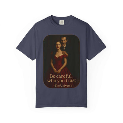 Unisex vampire graphic t-shirt with gothic horror design and "Be careful who you trust" quote on navy cotton tee
