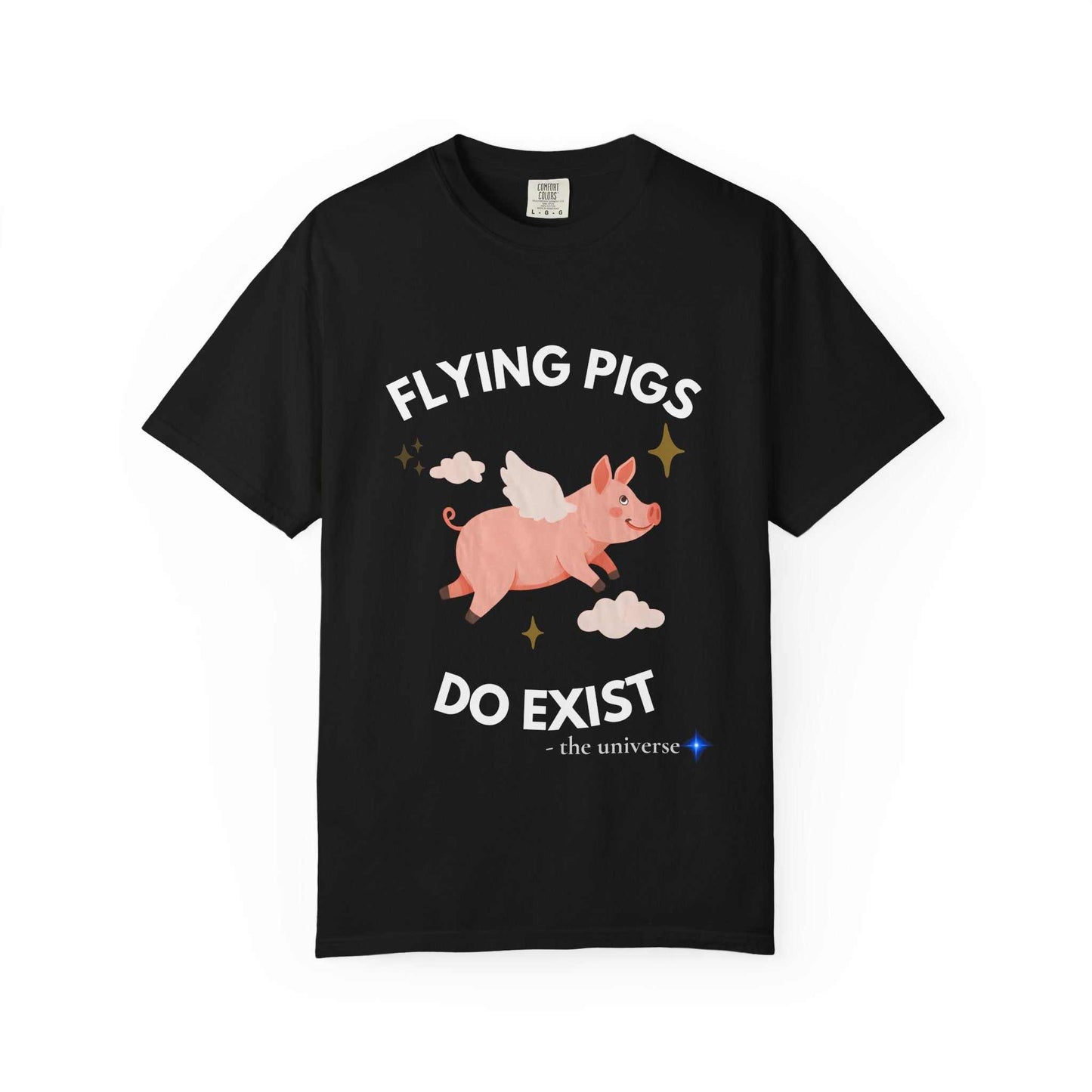 A black t-shirt with a graphic of a flying pig and the text "Flying Pigs Do Exist".