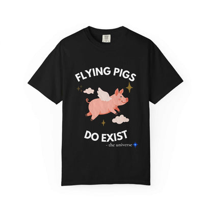 A black t-shirt with a graphic of a flying pig and the text "Flying Pigs Do Exist".