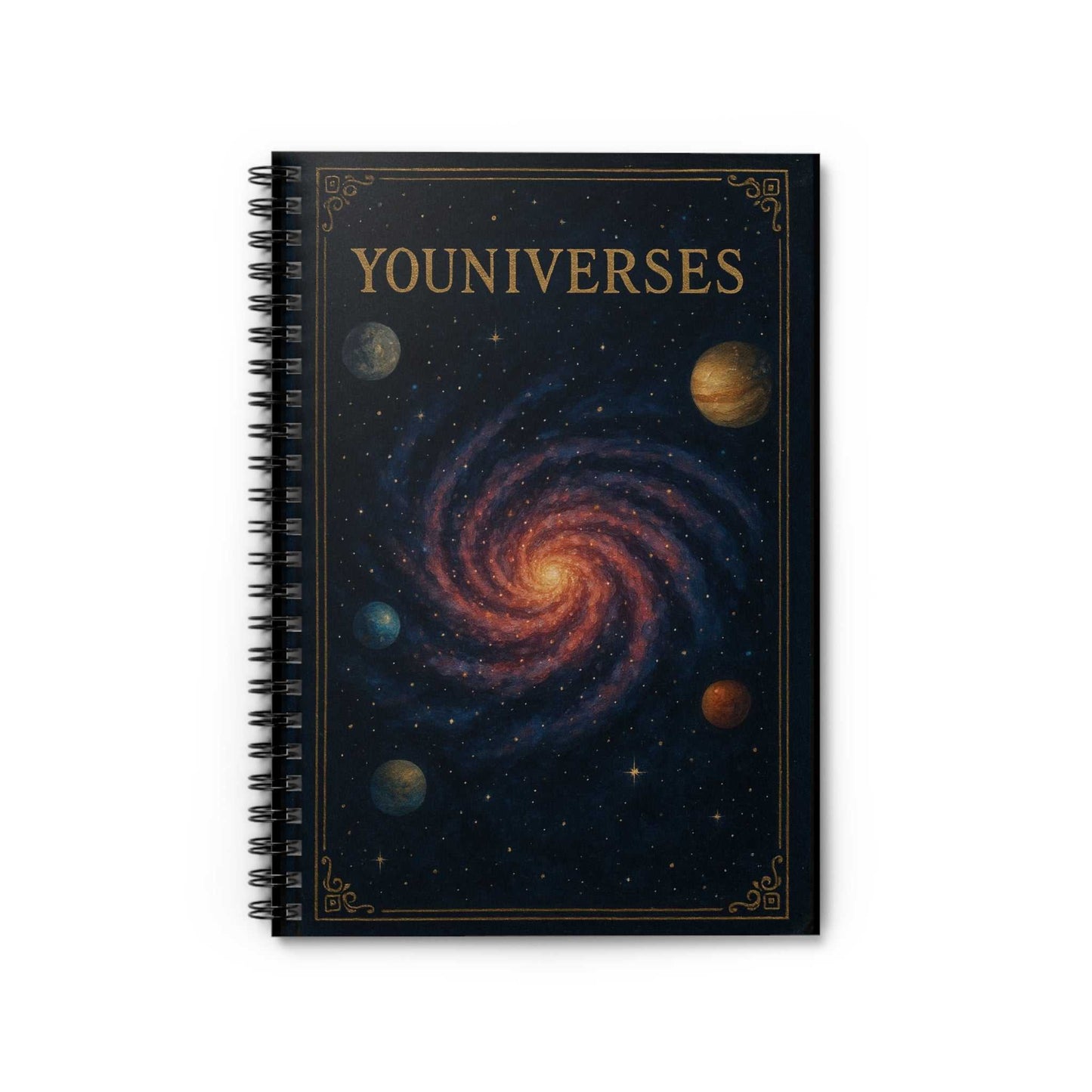 Galaxy Spiral Ruled Journal with cosmic galaxy and planets cover, 6x8 inch spiral notebook with ruled pages and durable cover
