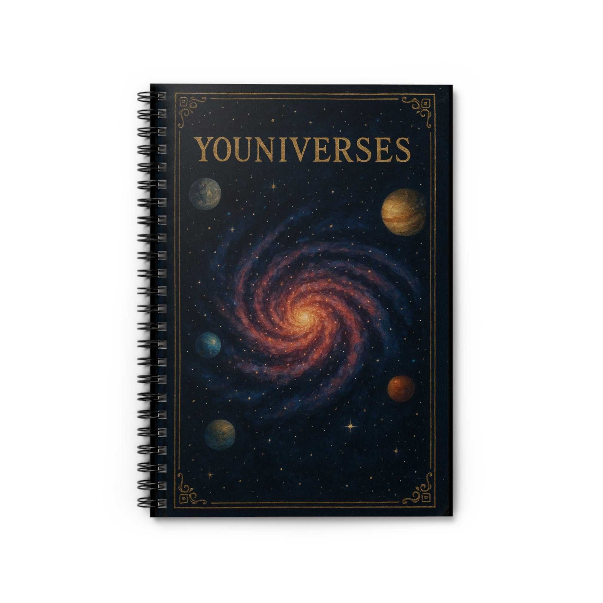 Galaxy Spiral Ruled Journal with cosmic galaxy and planets cover, 6x8 inch spiral notebook with ruled pages and durable cover