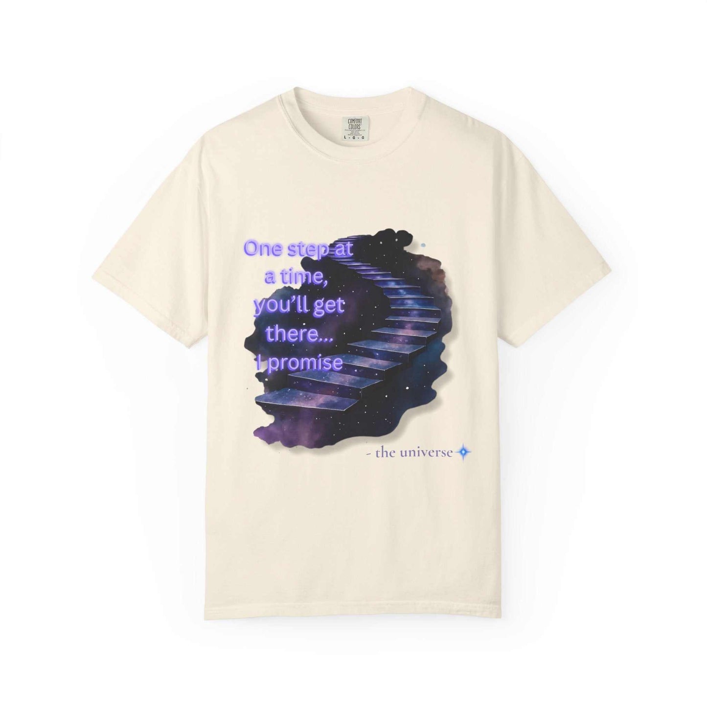 Comfort Colors Motivational Stairway T-Shirt with starry staircase and inspirational quote on soft garment-dyed cotton tee