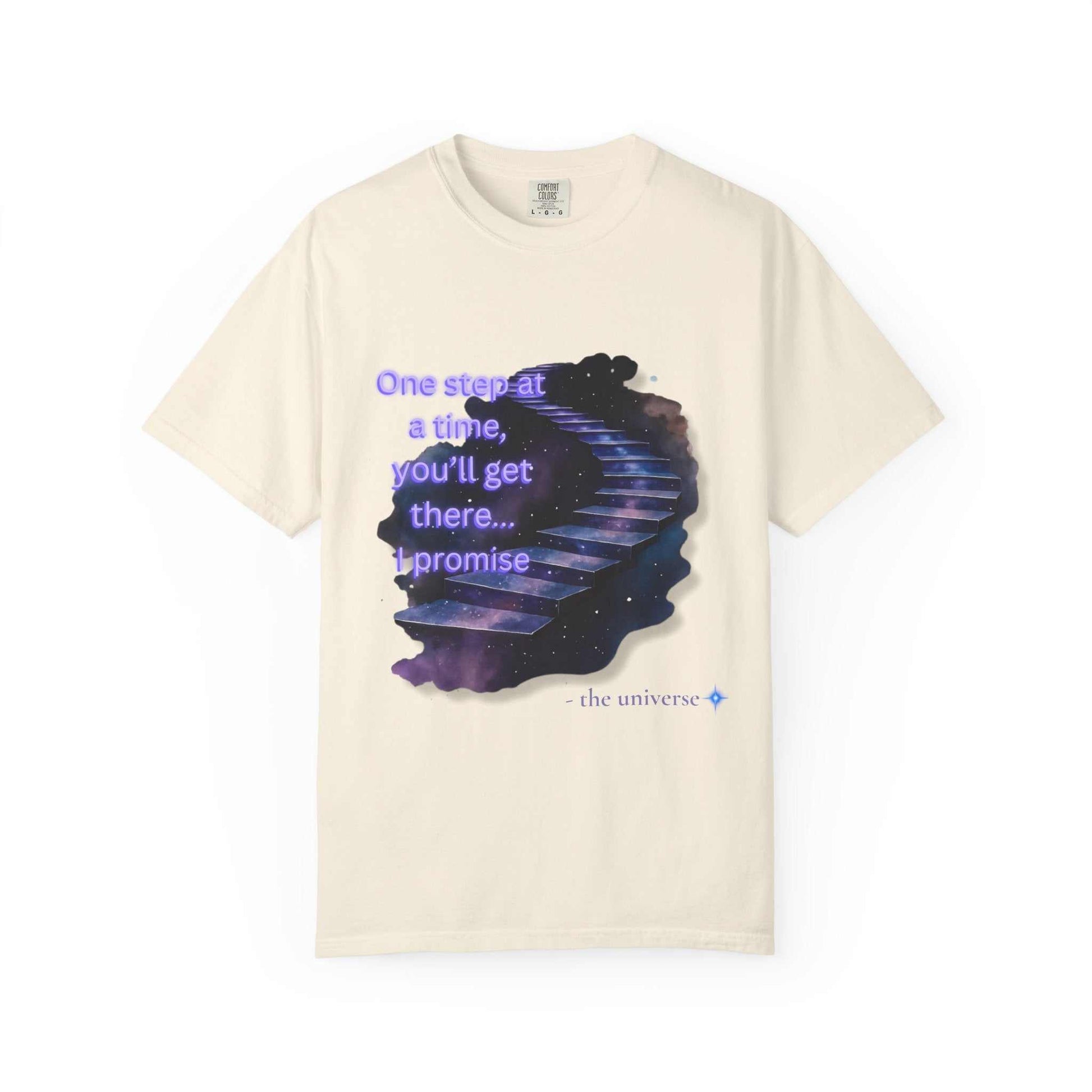 Comfort Colors Motivational Stairway T-Shirt with starry staircase and inspirational quote on soft garment-dyed cotton tee