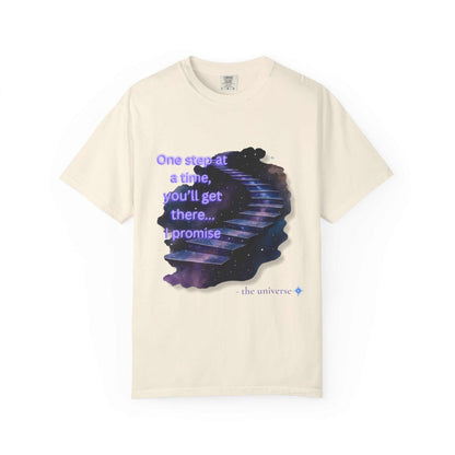 Comfort Colors Motivational Stairway T-Shirt with starry staircase and inspirational quote on soft garment-dyed cotton tee