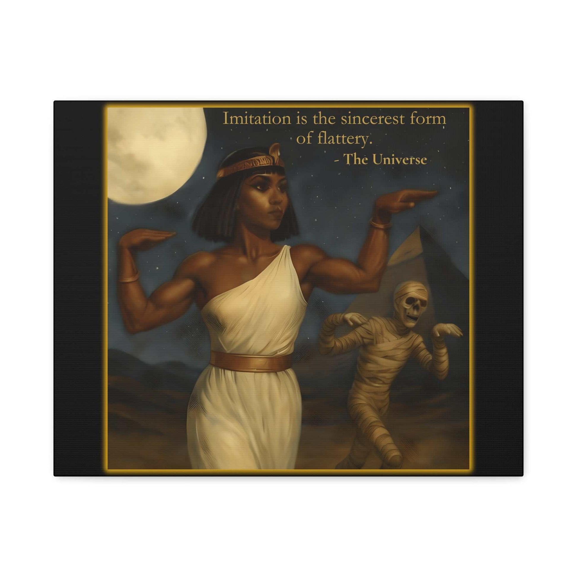 Egyptian queen poses under full moon with mummy and pyramid, art print from Youniverses