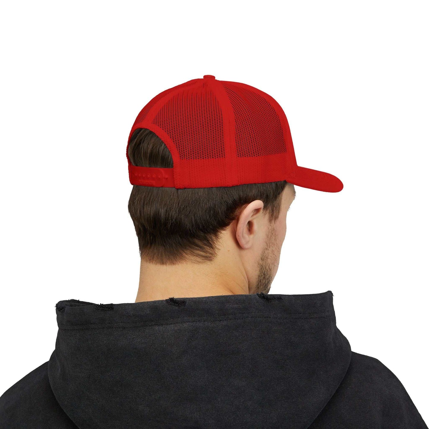 Red breathable mesh back Planet Smile Trucker Cap on man wearing black hoodie, rear view