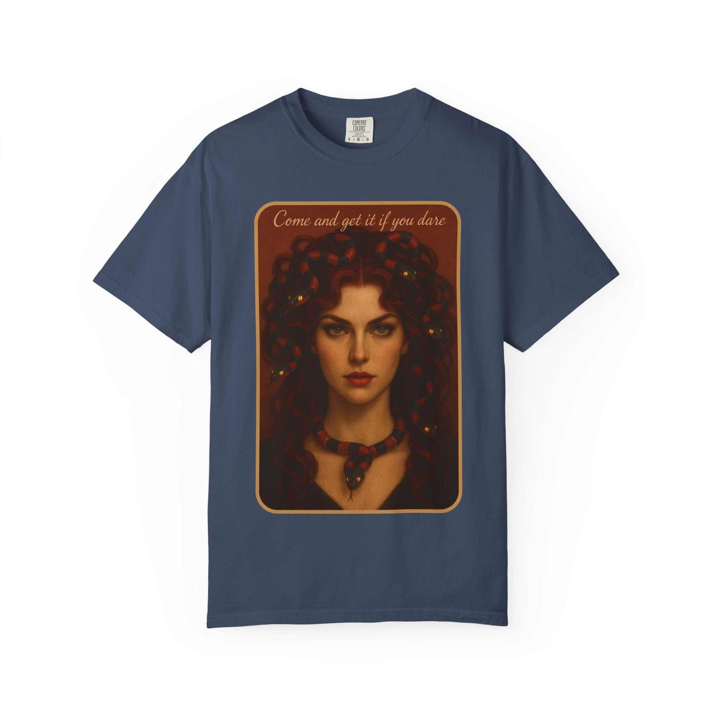 Comfort Colors® Medusa Graphic T-Shirt with "Come and Get It" Medusa design on navy blue cotton tee