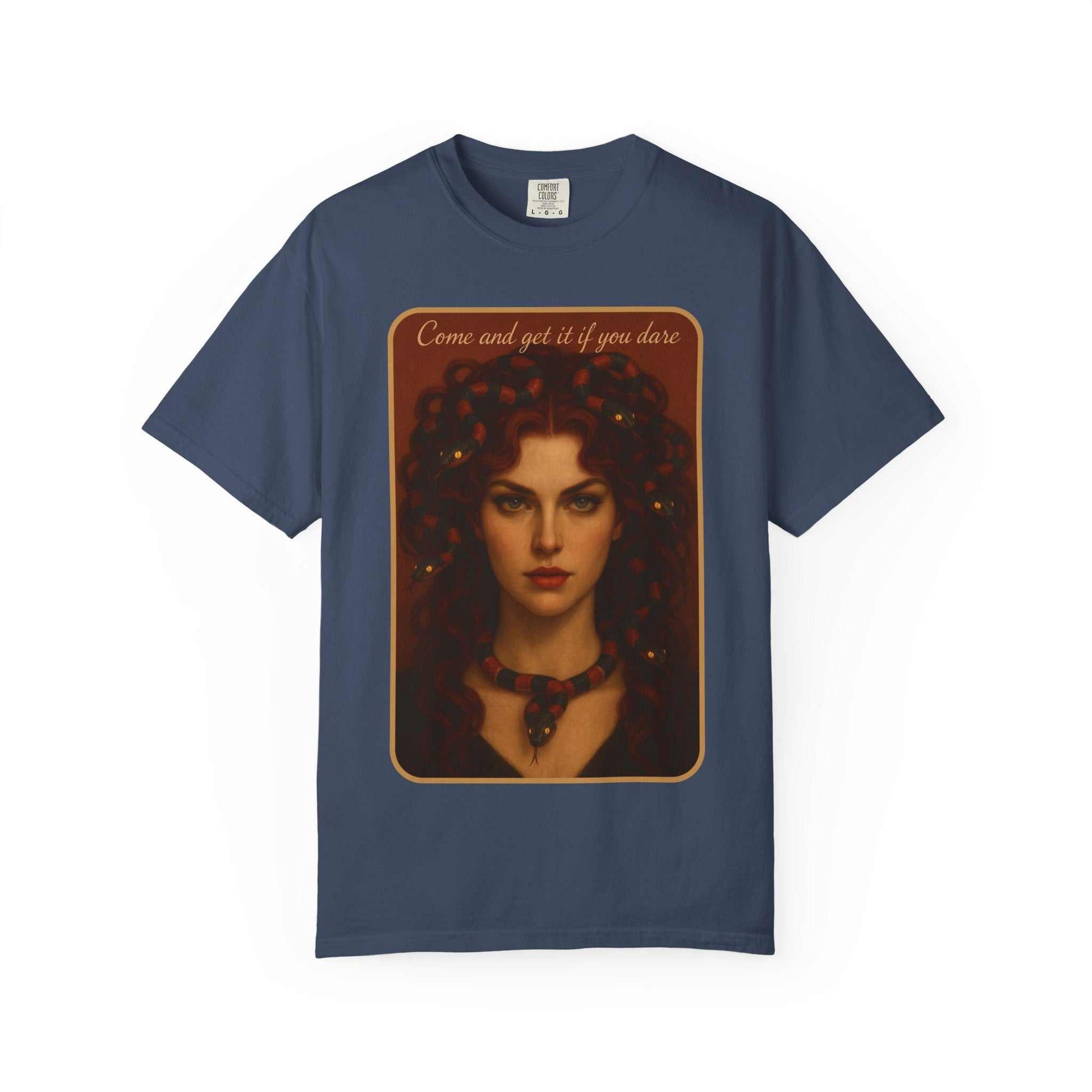 Comfort Colors® Medusa Graphic T-Shirt with "Come and Get It" Medusa design on navy blue cotton tee