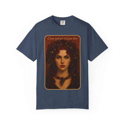 Comfort Colors® Medusa Graphic T-Shirt with "Come and Get It" Medusa design on navy blue cotton tee