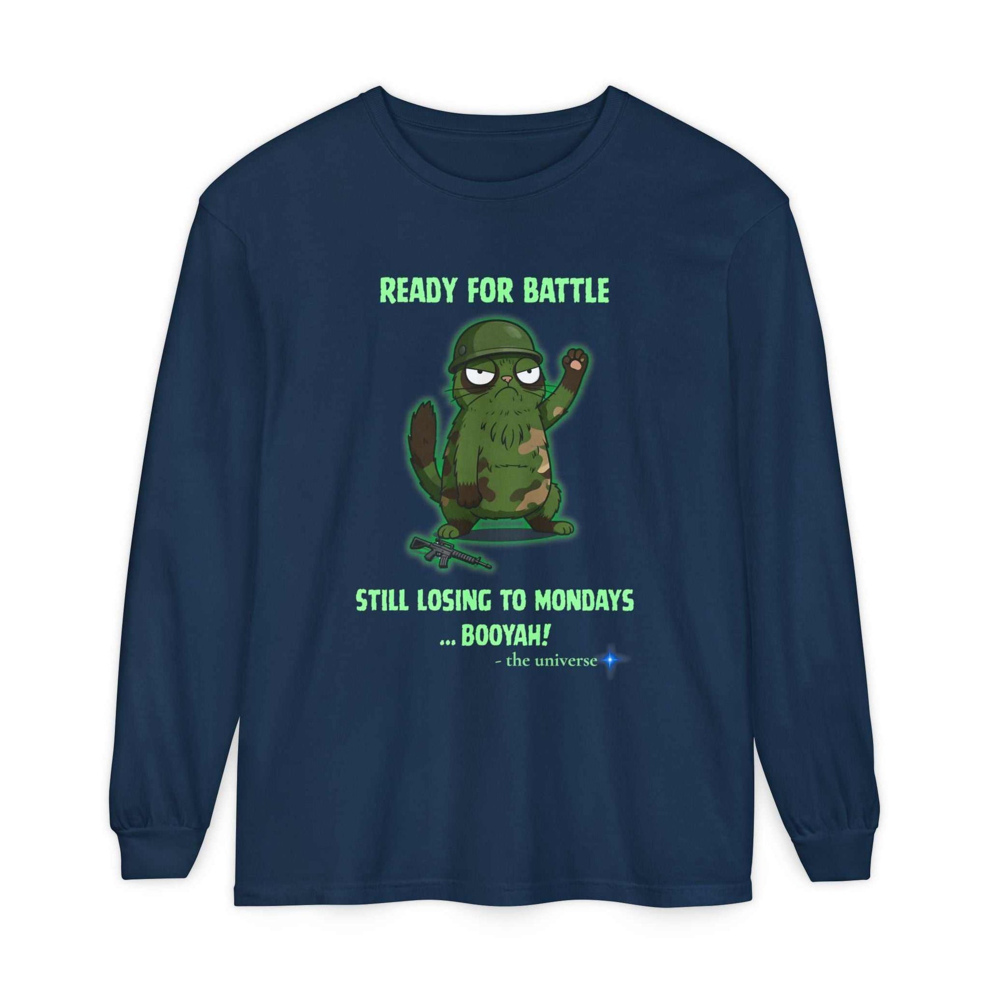 Navy long sleeve tee with "Ready for Battle" cactus graphic and humorous Monday quote