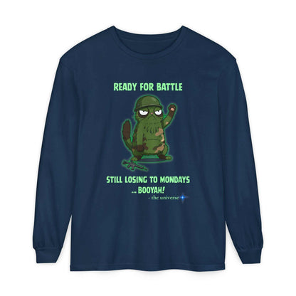 Navy long sleeve tee with "Ready for Battle" cactus graphic and humorous Monday quote