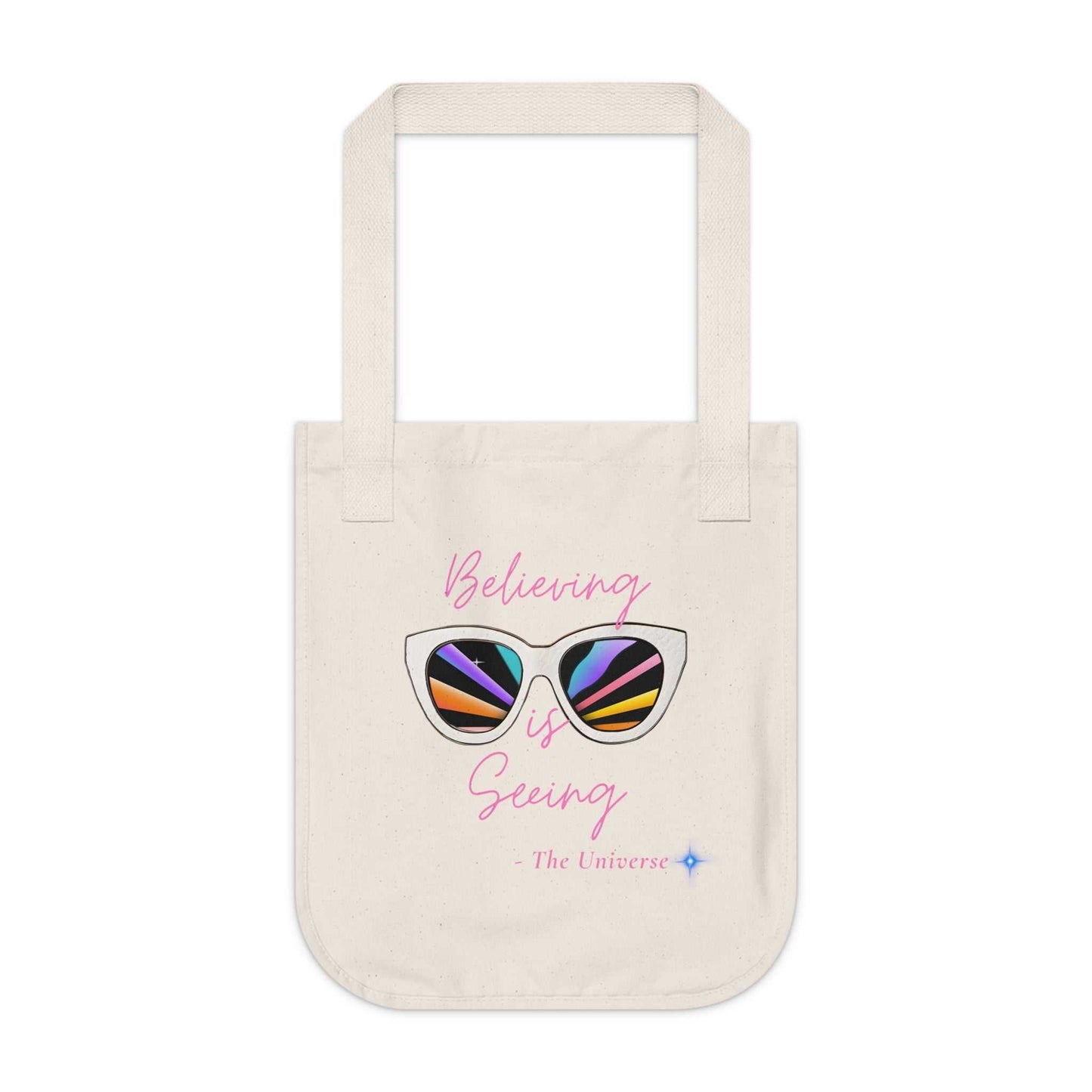 Tote Bag — "Believing is Seeing" Sunglasses Graphic Organic Canvas Tote
