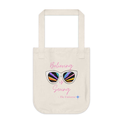 Tote Bag — "Believing is Seeing" Sunglasses Graphic Organic Canvas Tote