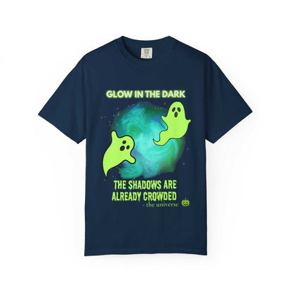 Navy t-shirt with glow-in-the-dark ghosts and text.