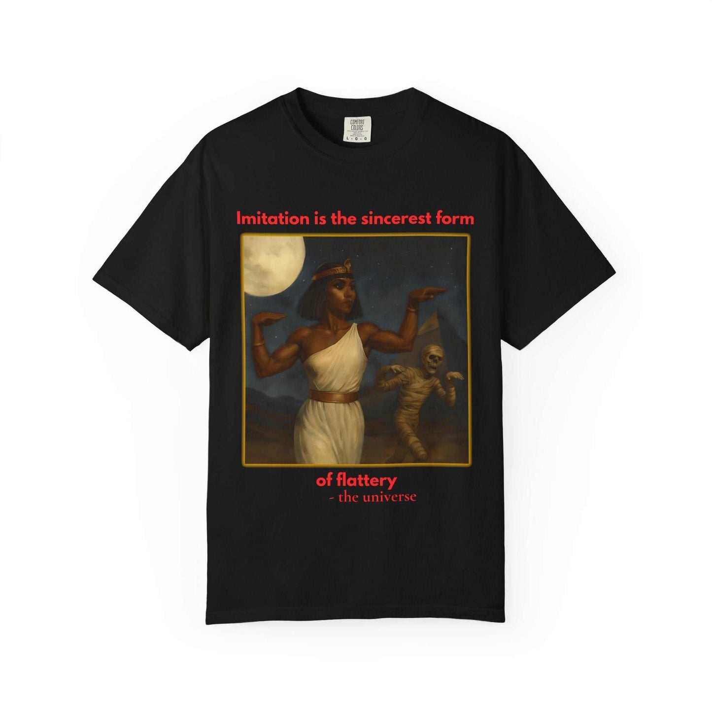 Black unisex Egyptian Mummy T-Shirt featuring Cleopatra and mummy graphic with red text design