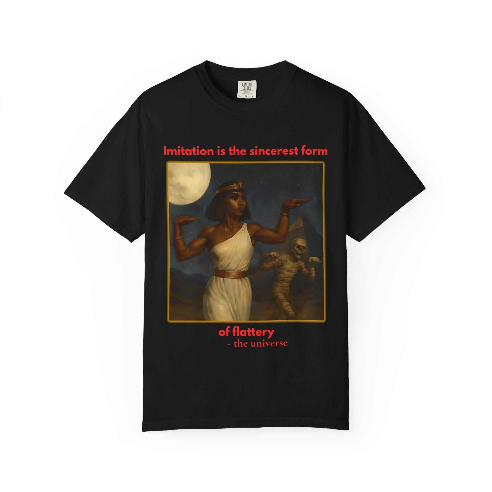 Black unisex Egyptian Mummy T-Shirt featuring Cleopatra and mummy graphic with red text design