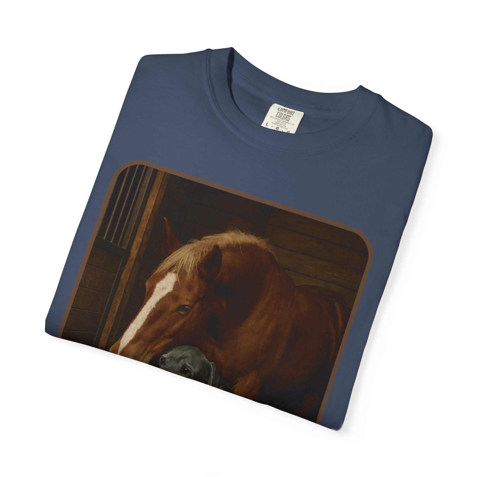 Comfort Colors 1717 blue Animal Rescue T-Shirt with horse, dog, and cat graphic showing animal companionship and support for rescue efforts