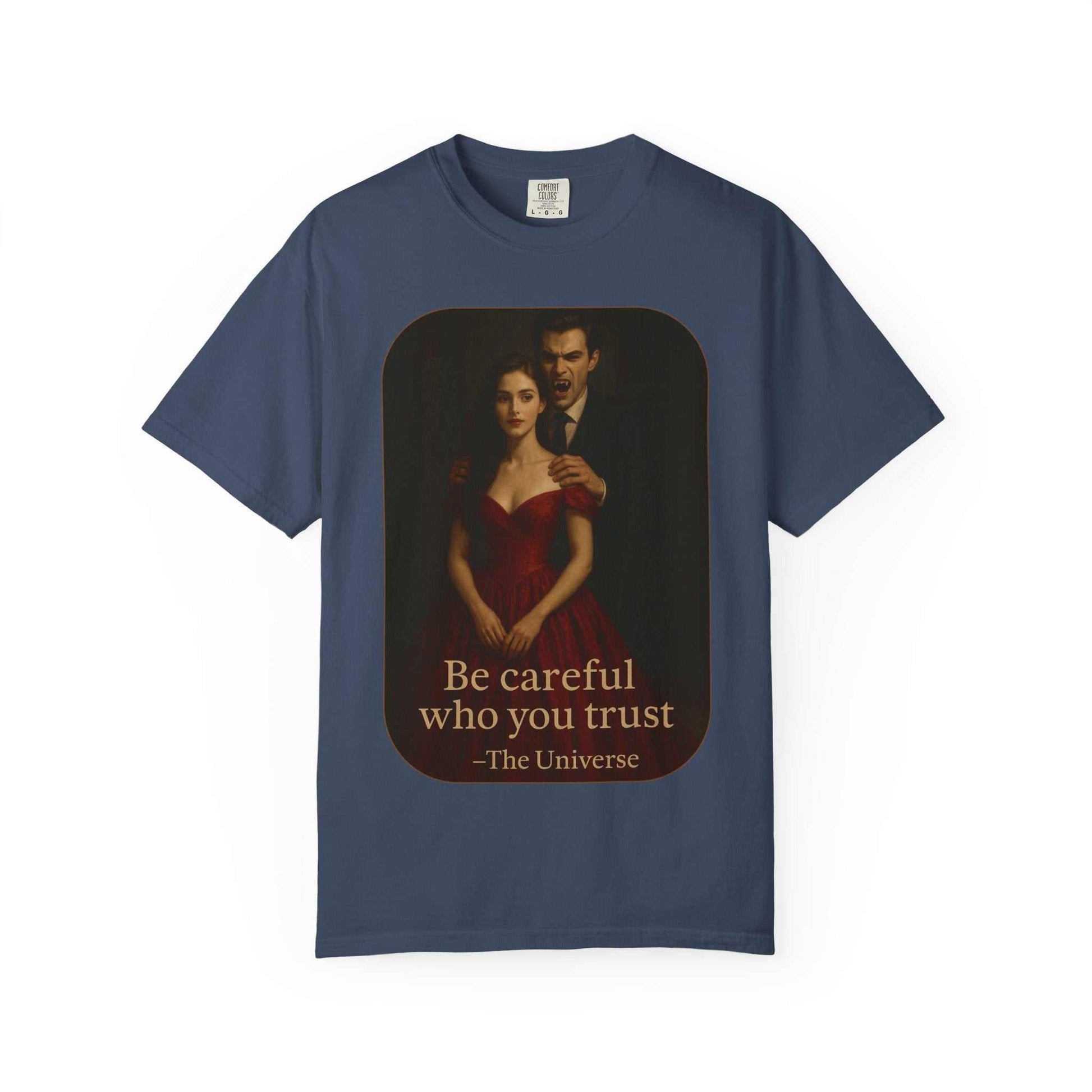 Unisex vampire graphic T-shirt with gothic horror design and "Be careful who you trust" text on navy cotton tee