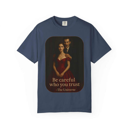 Unisex vampire graphic T-shirt with gothic horror design and "Be careful who you trust" text on navy cotton tee