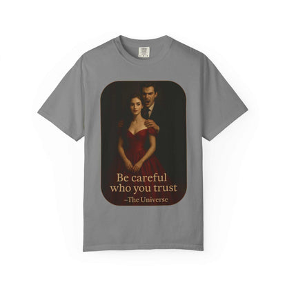Unisex gray vampire graphic t-shirt with gothic horror design and "Be careful who you trust" text