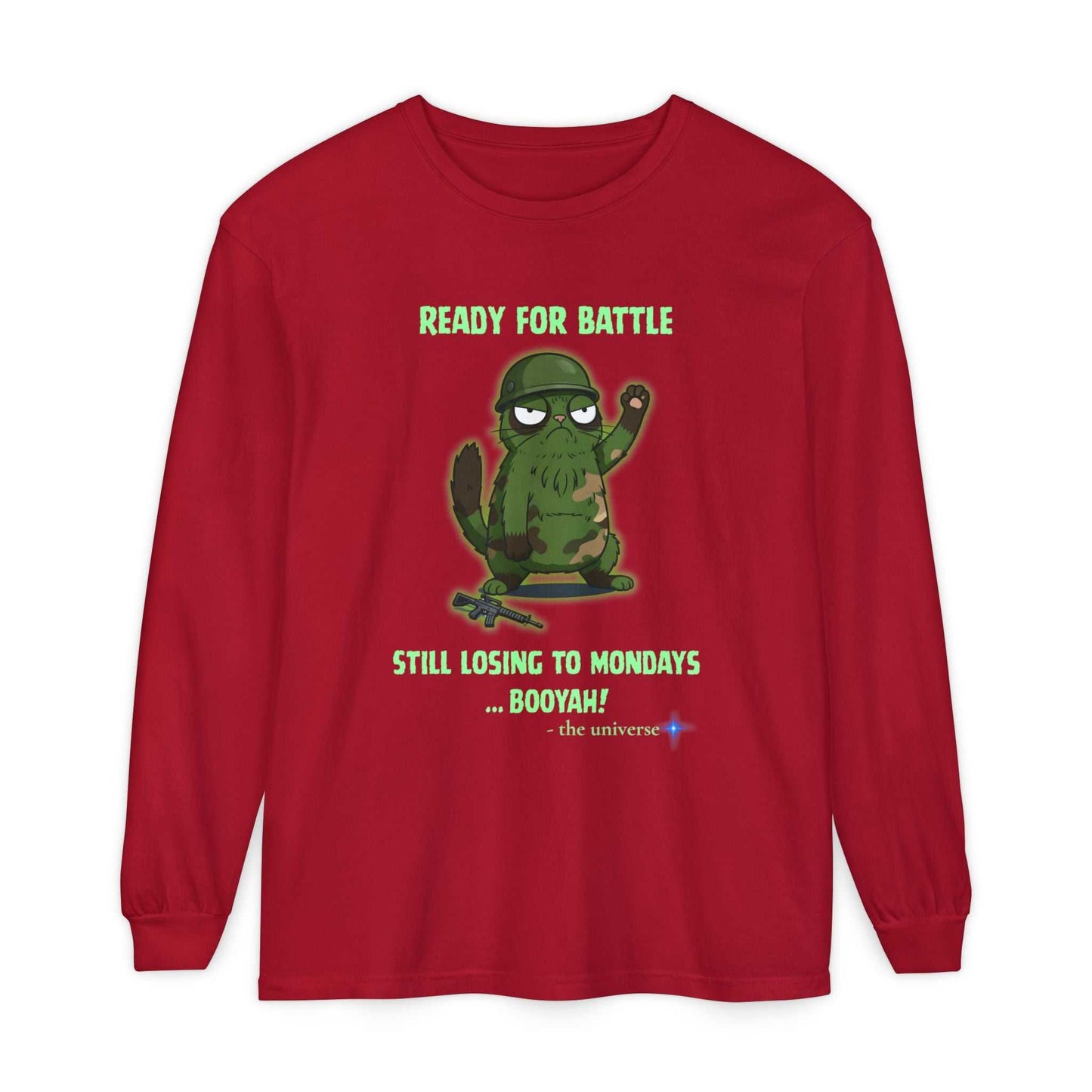 Red long sleeve tee with "Ready for Battle" graphic and humorous Monday slogan