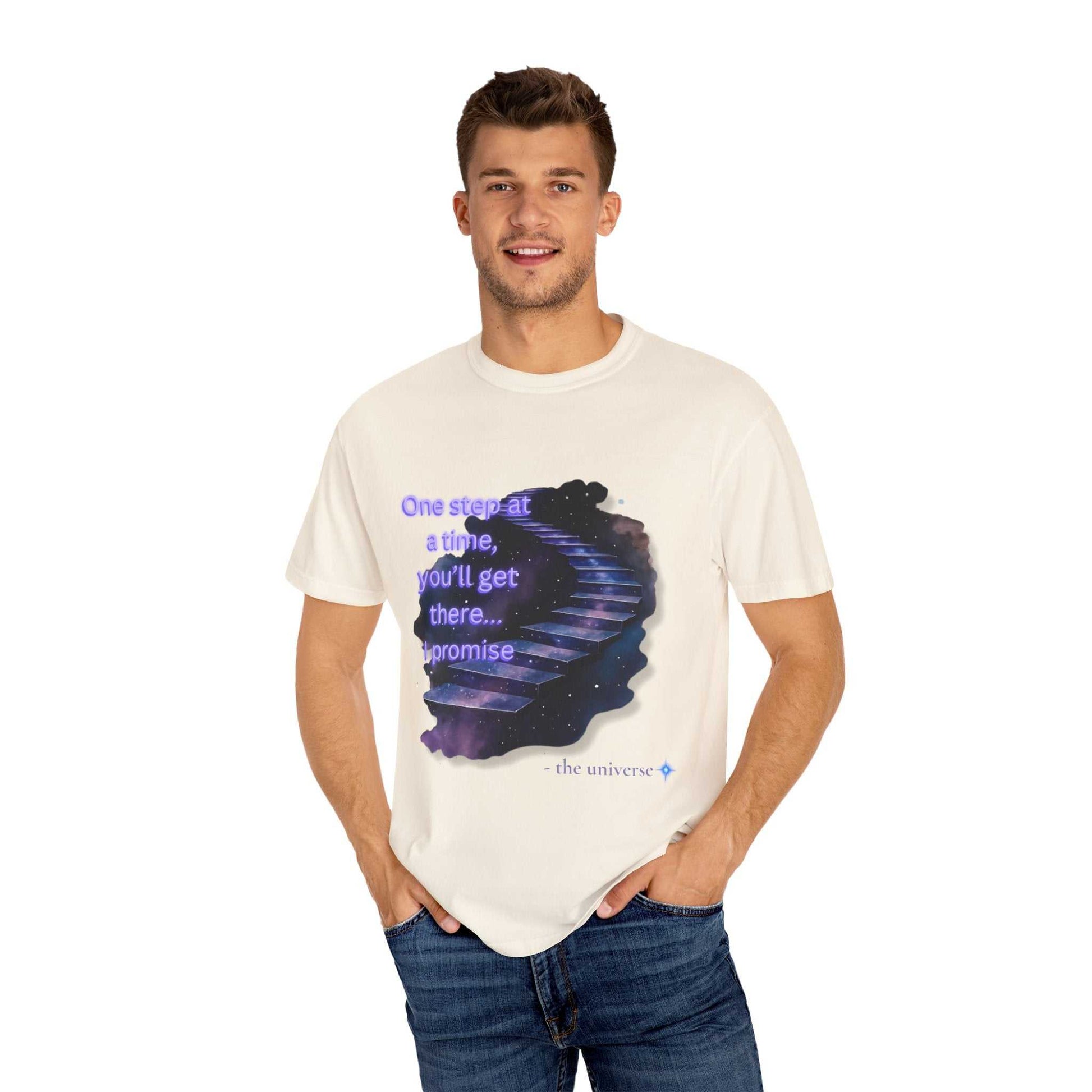 Man wearing Comfort Colors Motivational Stairway T-Shirt with starry staircase and encouraging quote design