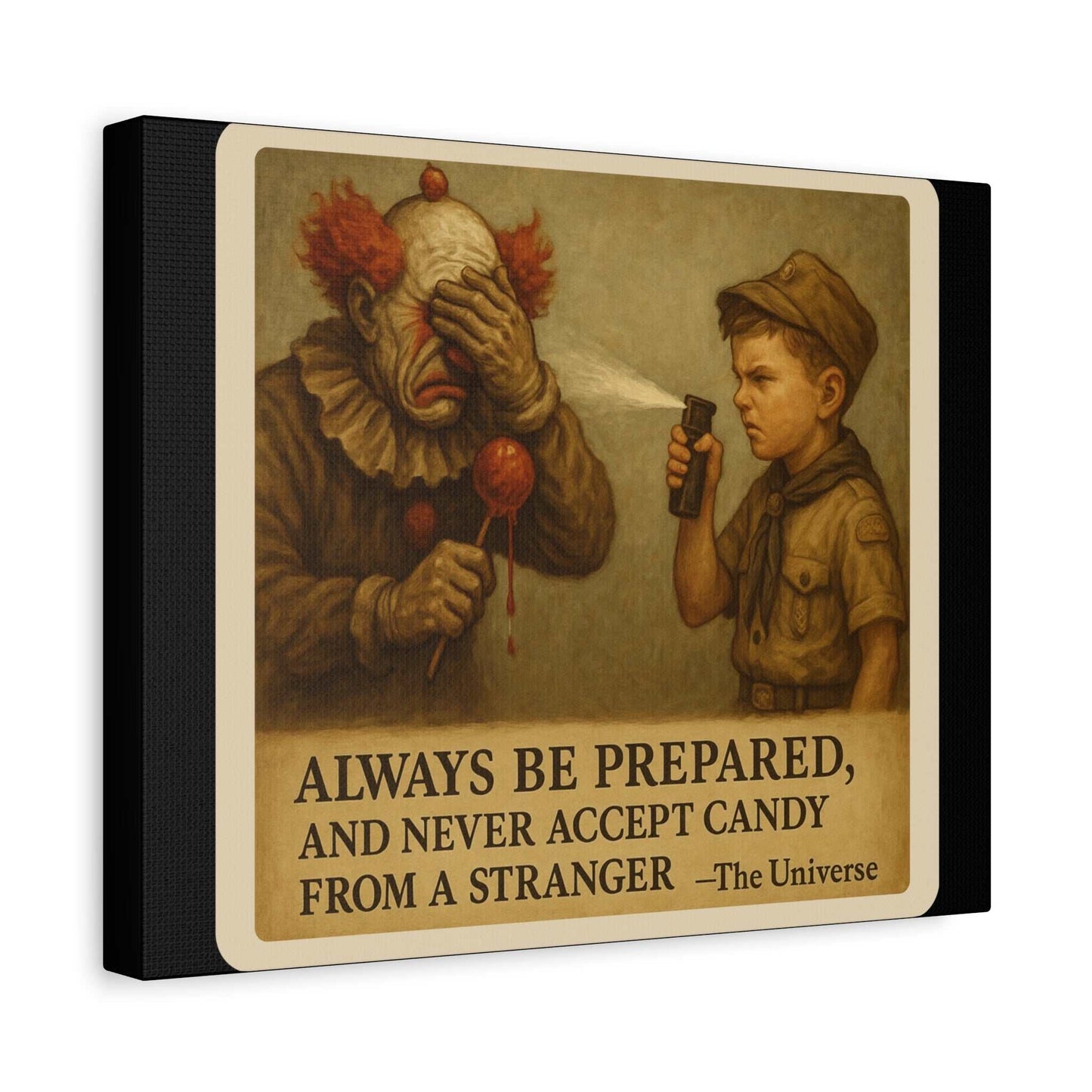 Boy scout sprays clown holding candy with text 'Always be prepared, never accept candy from a stranger'.